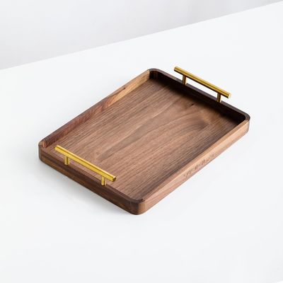 Rustic Brass Handles Walnut Wooden Coffee Table Serving Tray for Desserts Cakes Tea Cups Handmade