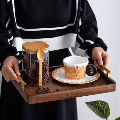 Rustic Brass Handles Walnut Wooden Coffee Table Serving Tray for Desserts Cakes Tea Cups Handmade