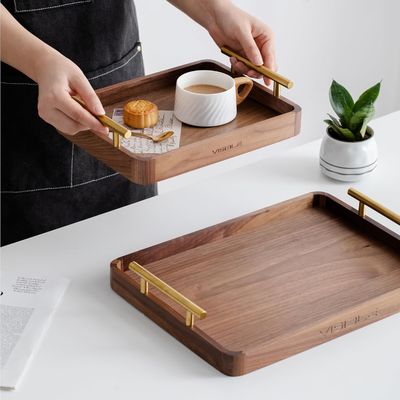 Rustic Brass Handles Walnut Wooden Coffee Table Serving Tray for Desserts Cakes Tea Cups Handmade