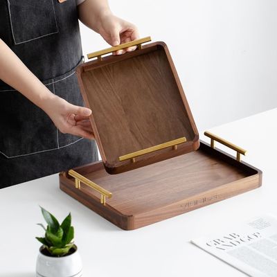 Rustic Brass Handles Walnut Wooden Coffee Table Serving Tray for Desserts Cakes Tea Cups Handmade