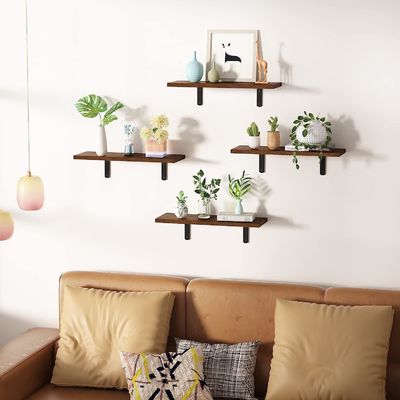 Dark Brown Set Of 5 Wooden Wall Mounted Floating Shelves Household Storage Containers