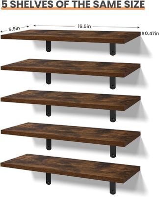 Dark Brown Set Of 5 Wooden Wall Mounted Floating Shelves Household Storage Containers