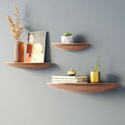 Custom Size Color Semi Circle Shaped Set Of 3 14inch Acacia Wood Floating Shelves