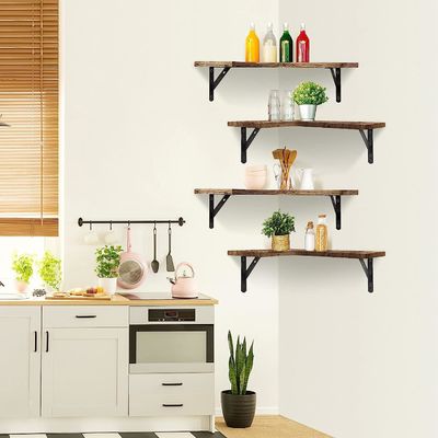 Custom Size Color Material Rustic Wood Corner Floating Shelves Wall Mounted Set Of 4