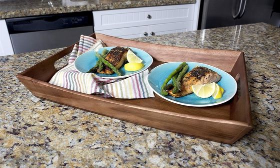 19.88 X 14 X 2.5 Inch Acacia Curved Serving Tray Set With Handle Logo For Gifts Stores