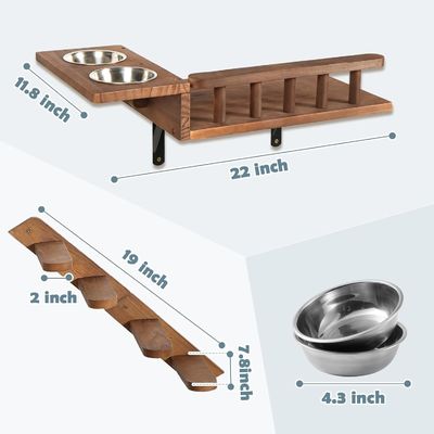 Say Goodbye to Messy Floors Wall Mounted Cat Feeding Shelf with Ladder and 2 Bowls