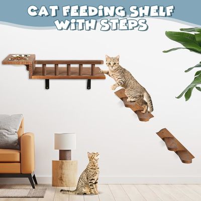 Say Goodbye to Messy Floors Wall Mounted Cat Feeding Shelf with Ladder and 2 Bowls