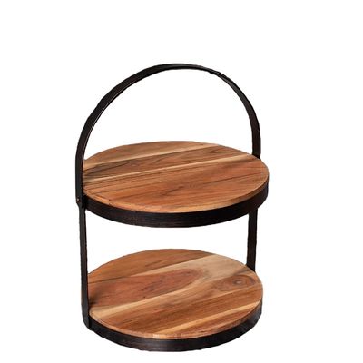 As Your Request 2 Tier Wooden Serving Tray with Metal Holder Cake Dessert Display