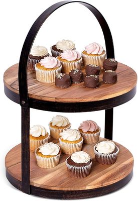 As Your Request 2 Tier Wooden Serving Tray with Metal Holder Cake Dessert Display