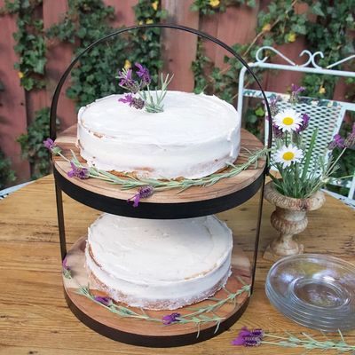 As Your Request 2 Tier Wooden Serving Tray with Metal Holder Cake Dessert Display