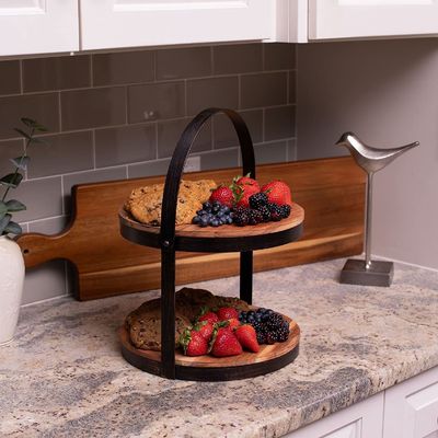 As Your Request 2 Tier Wooden Serving Tray with Metal Holder Cake Dessert Display