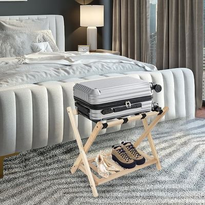 High Quantity 2 Tier Foldable Luggage Racks with Shelf and Heavy Duty Nylon Belts