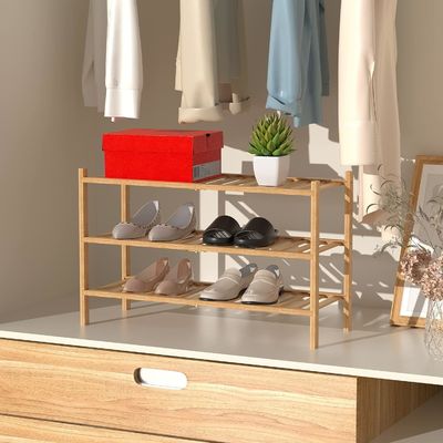 Multi-Function 3-Tier Bamboo Shoe Rack for Customizable Storage Non-folding Stackable