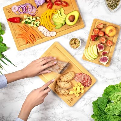 Extra Large Natural Bamboo Cutting Board Set with Oil Grooves Set of 3 Serving Boards