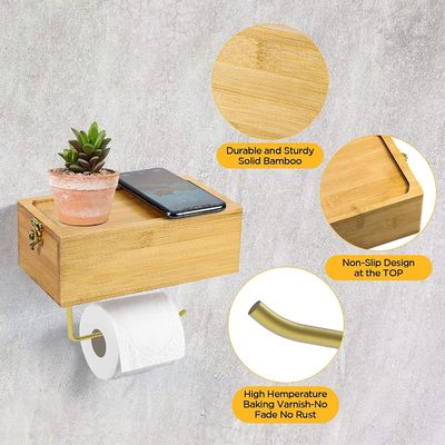 Desk or Sport Bamboo Wall Mounted Toilet Paper Holder with Wet Tissue Storage Box