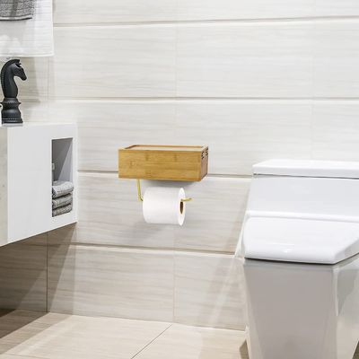 Desk or Sport Bamboo Wall Mounted Toilet Paper Holder with Wet Tissue Storage Box