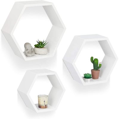 Wooden Carved Hexagon Wall Shelf Set for Rustic Farmhouse Home Decorative Organization