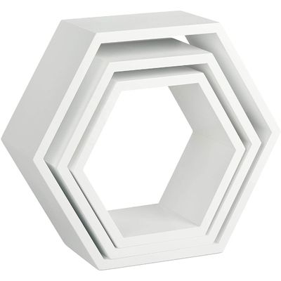 Wooden Carved Hexagon Wall Shelf Set for Rustic Farmhouse Home Decorative Organization