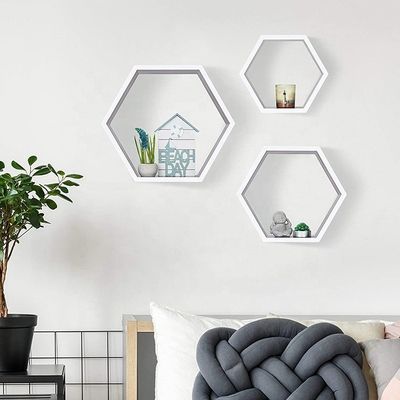 Wooden Carved Hexagon Wall Shelf Set for Rustic Farmhouse Home Decorative Organization