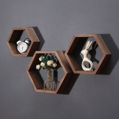 Geometric Hexagon Shape Wood Wall Shelves for Modern Simple Style Office Organizer
