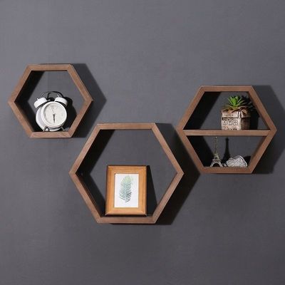 Geometric Hexagon Shape Wood Wall Shelves for Modern Simple Style Office Organizer