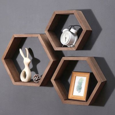 Geometric Hexagon Shape Wood Wall Shelves for Modern Simple Style Office Organizer