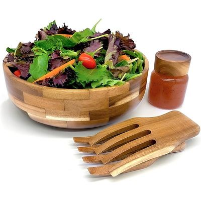 Complete Your Party Bamboo Salad Bowl Set with Serving Utensils and Dressing Jar
