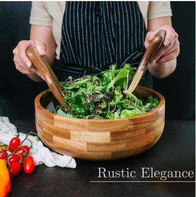 Complete Your Party Bamboo Salad Bowl Set with Serving Utensils and Dressing Jar