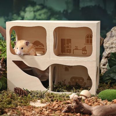 Small Animals' Breathable Wooden House Customizable Chamber for Hiding and Exploring