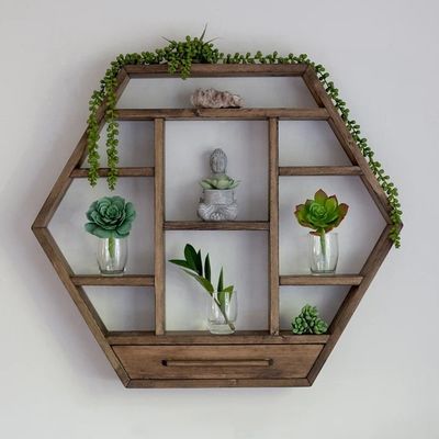Home Decoration Solid Wood Hexagon Wall Mounted Floating Shelf Wooden Storage Shelves