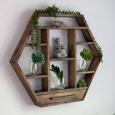 Home Decoration Solid Wood Hexagon Wall Mounted Floating Shelf Wooden Storage Shelves