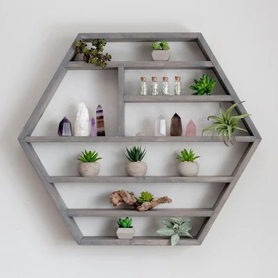 Home Decoration Solid Wood Hexagon Wall Mounted Floating Shelf Wooden Storage Shelves