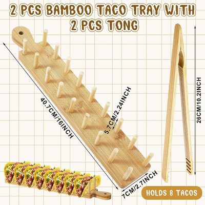 Set of 2 Wooden Taco Holders with Handle and Tong Burned Printing Customized Color