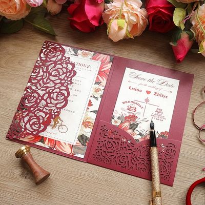 Europe Laser Cut Hollow Rose Pocket Wedding Invitations with Envelopes and RSVP Cards