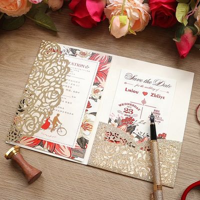 Europe Laser Cut Hollow Rose Pocket Wedding Invitations with Envelopes and RSVP Cards