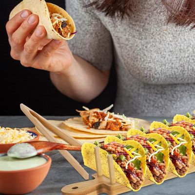 Set of 2 Wooden Taco Holders with Handle and Tong Burned Printing Customized Color