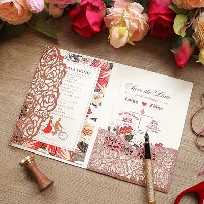 Europe Laser Cut Hollow Rose Pocket Wedding Invitations with Envelopes and RSVP Cards