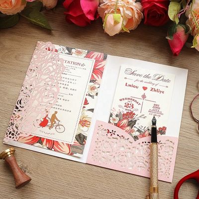 Europe Laser Cut Hollow Rose Pocket Wedding Invitations with Envelopes and RSVP Cards