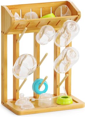 Double Tier Bamboo Baby Bottle Drying Rack for Convenient Kitchen Bottles Organization