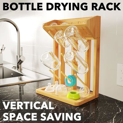Double Tier Bamboo Baby Bottle Drying Rack for Convenient Kitchen Bottles Organization