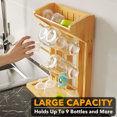 Double Tier Bamboo Baby Bottle Drying Rack for Convenient Kitchen Bottles Organization