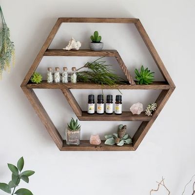 Hexagon Solid Wood Floating Shelf Modern Design for Bedroom Livingroom and Kitchen