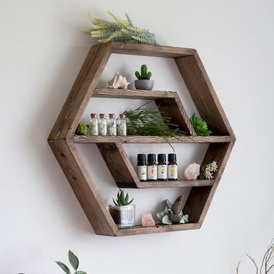 Hexagon Solid Wood Floating Shelf Modern Design for Bedroom Livingroom and Kitchen