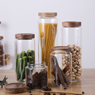 Custom Capacity Stocked Sealed Clear Round Borosilicate Glass Packaging Containers Jar with Wood Lid