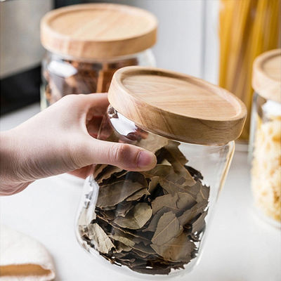 Custom Capacity Stocked Sealed Clear Round Borosilicate Glass Packaging Containers Jar with Wood Lid