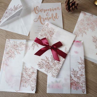 Vegetable Parchment Laser Cut Wedding Invitations with Rose Pattern and Heat Stamping
