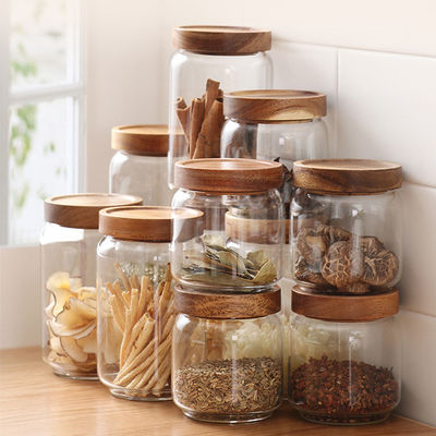 Custom Capacity Stocked Sealed Clear Round Borosilicate Glass Packaging Containers Jar with Wood Lid