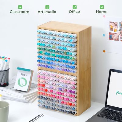 Wooden Desktop Storage Holds 126 Markers 48 Pastel Colors in Bamboo Marker Organizer