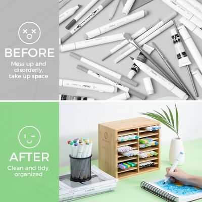 Wooden Desktop Storage Holds 126 Markers 48 Pastel Colors in Bamboo Marker Organizer