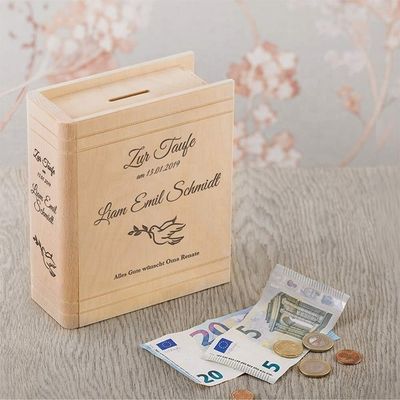 Silk-screen Printing/Burned Logo Wooden Money Saving Box for Kids in Custom Book Shape